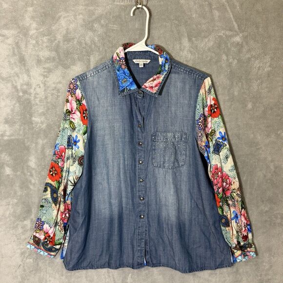 John Mark Top PM Petite Mixed Media Floral Long Sleeve M Boho Roll Tab Sleeve - Picture 1 of 8